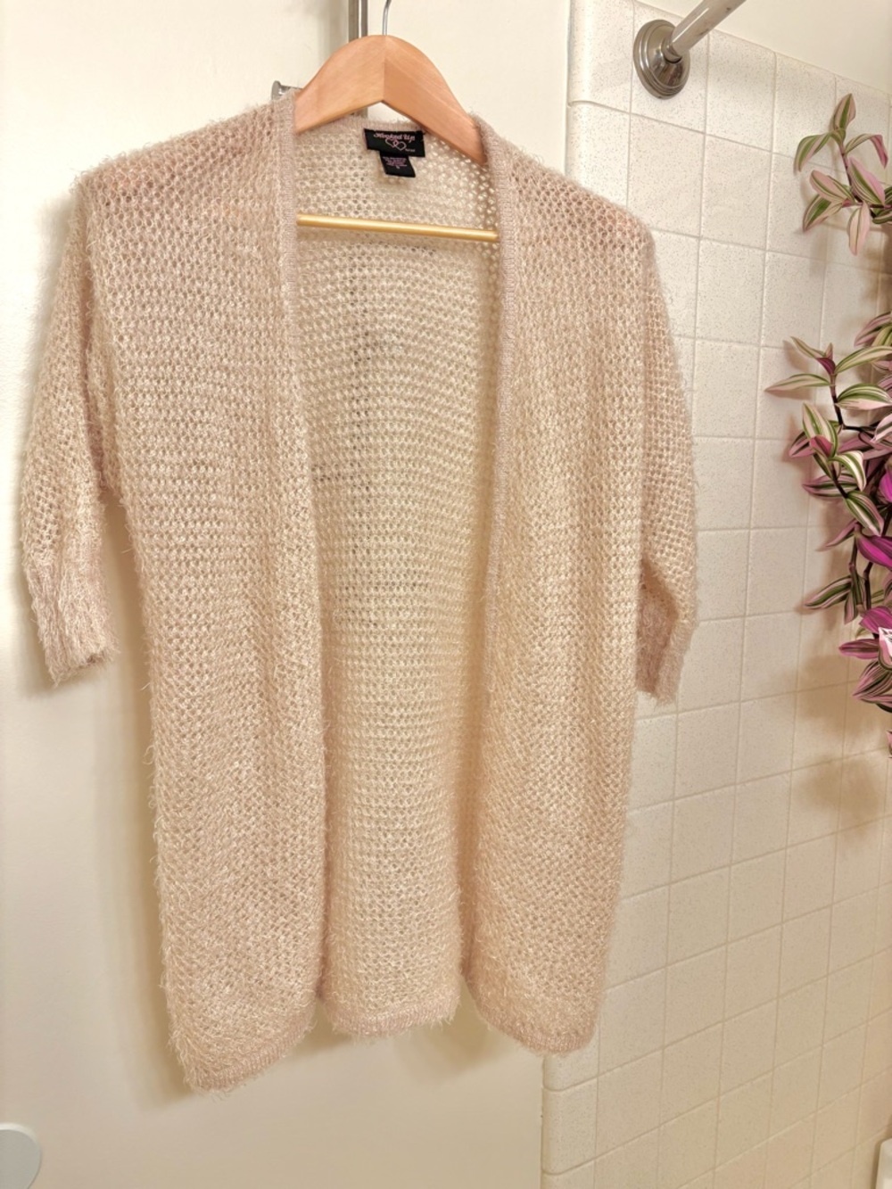 Hooked Up by IOT Crocheted Open-Front Fuzzy Cardigan in Blush Beige Cottagecore